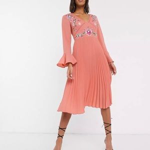ASOS DESIGN embroidered pleated midi dress